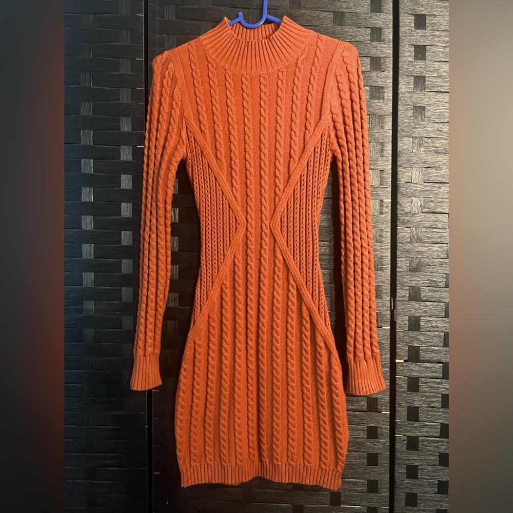 Autumn Orange Tight Fitting Sweater Dress - size medium